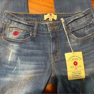 Red Jeans Blue with Distressed Detailing